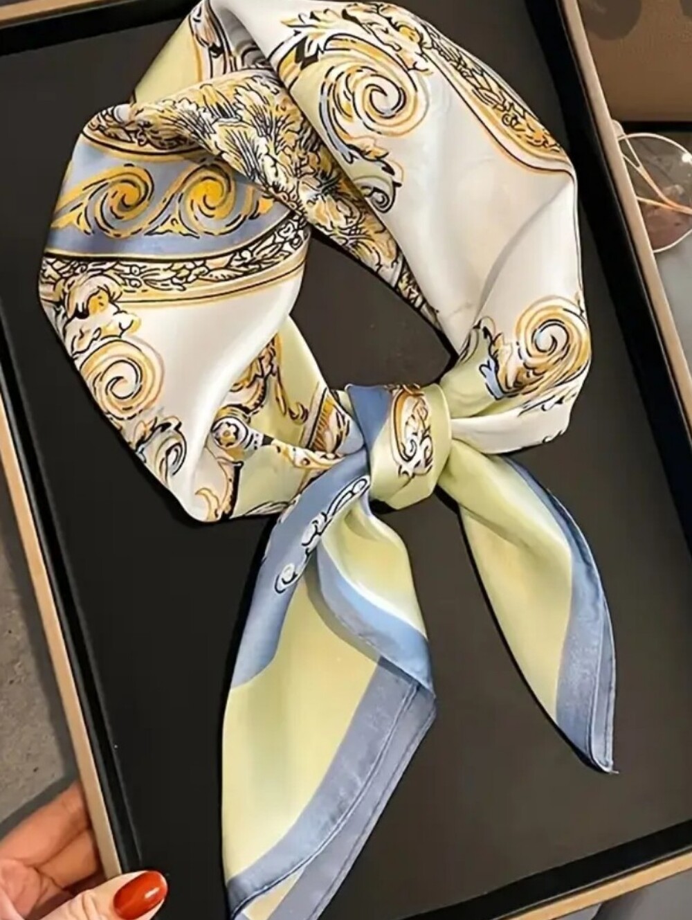 Silk-Feel Decorative Square Scarf in Pale Blue & Cream Head Scarf , 70×70cm - Picture 4 of 6